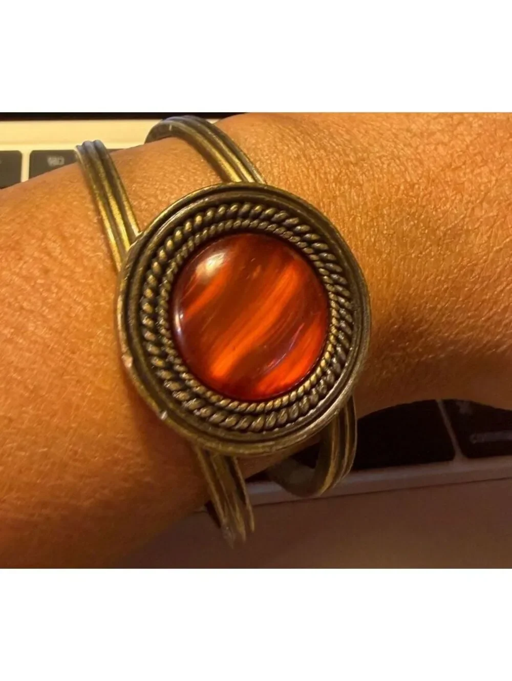 BRACELET Vintage Mediterranean Cut Brass Cuff Bracelet with Amber Center